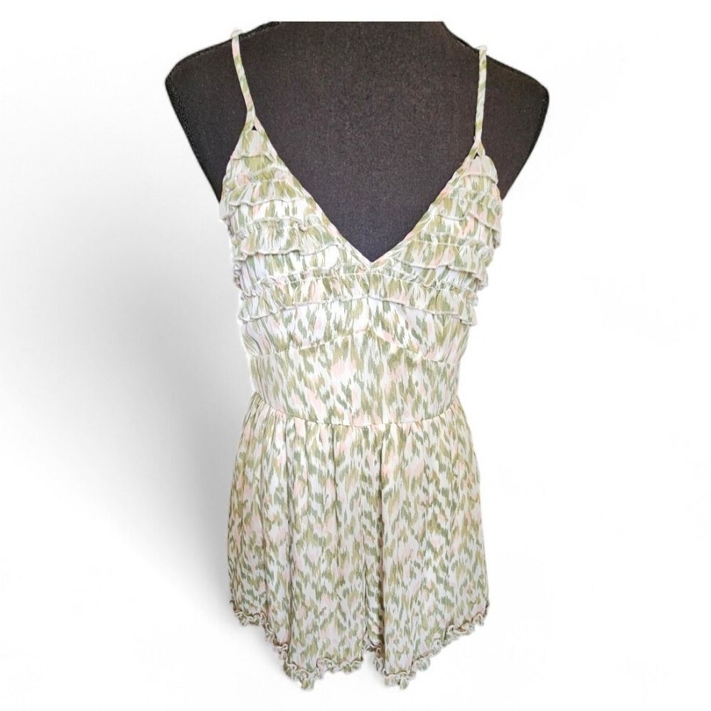Mi Ami Ruffle Romper – Green & Pink Abstract Print | Tiered Bodice